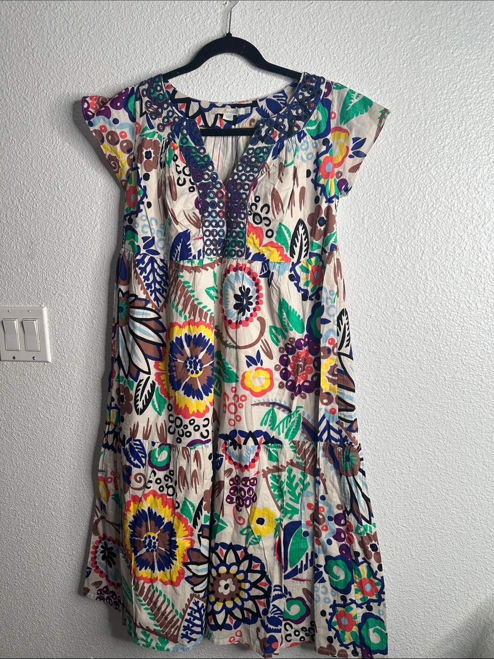 Boden Boho Floral Multi-Color Cotton tiered midi dress size 6 L